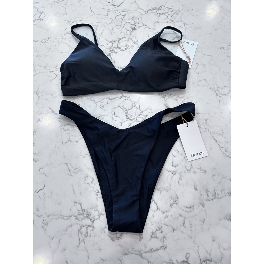 NWT Quince Black Italian V Neck Bikini Top & High Leg Bottoms Set Size Medium